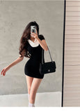 goosudu Diana Contrasting Fake Two-piece Short-sleeved Slim Mini Dress