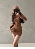 goosudu Riley Solid Color Hooded Long Sleeve Slim Ruched Mini Dress