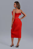 goosudu Dana Feather Slit Midi Bandage Dress - Red