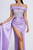 goosudu Colia Diamante Mesh Corset Satin Maxi Dress - Purple