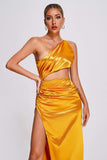 goosudu Euen One Shoulder Satin Maxi Dress