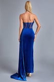 goosudu Lamva Corset Velvet Slit Maxi Dress - Blue