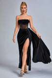 goosudu Lamva Corset Velvet Slit Maxi Dress - Black