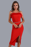 goosudu Dana Feather Slit Midi Bandage Dress - Red