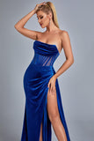 goosudu Lamva Corset Velvet Slit Maxi Dress - Blue