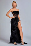 goosudu Lamva Corset Velvet Slit Maxi Dress - Black