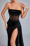 goosudu Lamva Corset Velvet Slit Maxi Dress - Black