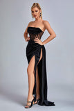 goosudu Lamva Corset Velvet Slit Maxi Dress - Black