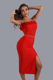 goosudu Dana Feather Slit Midi Bandage Dress - Red