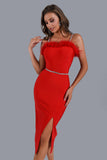 goosudu Dana Feather Slit Midi Bandage Dress - Red