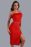 goosudu Dana Feather Slit Midi Bandage Dress - Red