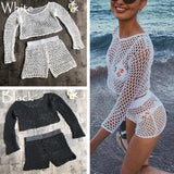 Swimsuit Female Bikini Crochet Beach Split Swimsuit Fishnet Hollow Out Mesh Bikini Cover Up Long Sleeve Beachwear