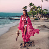 Sexy Red Women Beach Cover Ups Swimwear Deep V Beach Belt Long Dress Bikini Cover Up Chiffon Kaftan Dress Beachwear