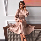 woloong Women Vintage Sashes Satin A-line Dress Lantern Sleeve O neck Solid Elegant Casual Party Dress  Summer OL New Fashion Dress