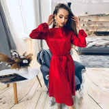 woloong Women Vintage Sashes Satin A-line Dress Lantern Sleeve O neck Solid Elegant Casual Party Dress  Summer OL New Fashion Dress