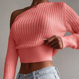 woloong New Sexy Off Shoulder Women' Sweater Jumper Spring Long Sleeve Knitted Crop Tops Fashion Solid Lady Pullover Sweaters Streetwear