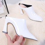 woloong NEW Fashion High Heeled Slippers Outdoor Wearing Square toe Women Slides Summer Muller Shoes Slip on Soft Patent Leather