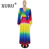 XURU new chiffon print plus size dress S-5XL women long sleeve dress V-neck casual loose dress Sexy woman dress