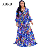 XURU new chiffon print plus size dress S-5XL women long sleeve dress V-neck casual loose dress Sexy woman dress