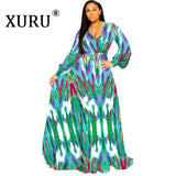 XURU new chiffon print plus size dress S-5XL women long sleeve dress V-neck casual loose dress Sexy woman dress