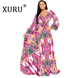 XURU new chiffon print plus size dress S-5XL women long sleeve dress V-neck casual loose dress Sexy woman dress