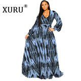 XURU new chiffon print plus size dress S-5XL women long sleeve dress V-neck casual loose dress Sexy woman dress