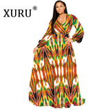 XURU new chiffon print plus size dress S-5XL women long sleeve dress V-neck casual loose dress Sexy woman dress