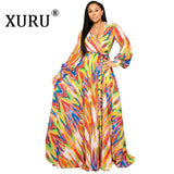 XURU new chiffon print plus size dress S-5XL women long sleeve dress V-neck casual loose dress Sexy woman dress