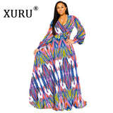 XURU new chiffon print plus size dress S-5XL women long sleeve dress V-neck casual loose dress Sexy woman dress