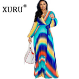 XURU new chiffon print plus size dress S-5XL women long sleeve dress V-neck casual loose dress Sexy woman dress