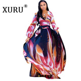 XURU new chiffon print plus size dress S-5XL women long sleeve dress V-neck casual loose dress Sexy woman dress