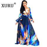 XURU new chiffon print plus size dress S-5XL women long sleeve dress V-neck casual loose dress Sexy woman dress