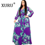 XURU new chiffon print plus size dress S-5XL women long sleeve dress V-neck casual loose dress Sexy woman dress