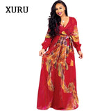 XURU new chiffon print plus size dress S-5XL women long sleeve dress V-neck casual loose dress Sexy woman dress