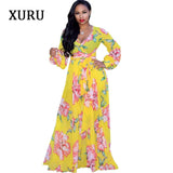 XURU new chiffon print plus size dress S-5XL women long sleeve dress V-neck casual loose dress Sexy woman dress