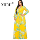 XURU new chiffon print plus size dress S-5XL women long sleeve dress V-neck casual loose dress Sexy woman dress