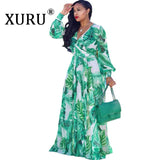 XURU new chiffon print plus size dress S-5XL women long sleeve dress V-neck casual loose dress Sexy woman dress