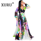 XURU new chiffon print plus size dress S-5XL women long sleeve dress V-neck casual loose dress Sexy woman dress