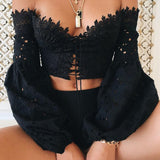 Women Off Shoulder Blouse Ladies Long Sleeve Slash Neck Hollow Lace Loose Shirt Tee Sexy Casual Tops Blusas Femininas Hot New