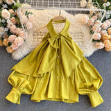 woloong Spring Autumn New Blouse Women Halter Scheming Halter Shirt Bowknot Lapel Puff Sleeve Female Top