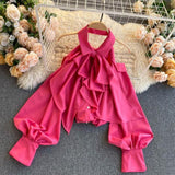 woloong Spring Autumn New Blouse Women Halter Scheming Halter Shirt Bowknot Lapel Puff Sleeve Female Top