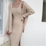 New High Quality Winter Women's Casual Long Sleeved Cardigan + Suspenders Sweater Vest Two Piece Runway Dresses Suit