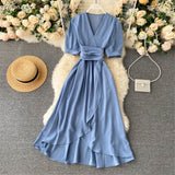 woloong Women Summer Midi French Dress Sweet V-Neck Puff Sleeve High Waist Elegant Solid Woman Dresses Female Clothing New Year