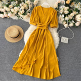 woloong Women Summer Midi French Dress Sweet V-Neck Puff Sleeve High Waist Elegant Solid Woman Dresses Female Clothing New Year