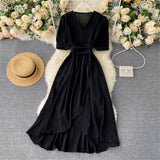 woloong Women Summer Midi French Dress Sweet V-Neck Puff Sleeve High Waist Elegant Solid Woman Dresses Female Clothing New Year