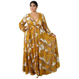 XURU new chiffon print plus size dress S-5XL women long sleeve dress V-neck casual loose dress Sexy woman dress