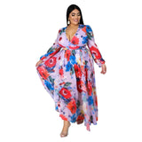 XURU new chiffon print plus size dress S-5XL women long sleeve dress V-neck casual loose dress Sexy woman dress