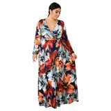 XURU new chiffon print plus size dress S-5XL women long sleeve dress V-neck casual loose dress Sexy woman dress