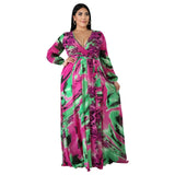 XURU new chiffon print plus size dress S-5XL women long sleeve dress V-neck casual loose dress Sexy woman dress