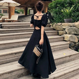 Dress Womens Chic Vintage Black High Waist Square Collar Puff Sleeve Bow A-line Classy Retro Elegant French Female Clothing New